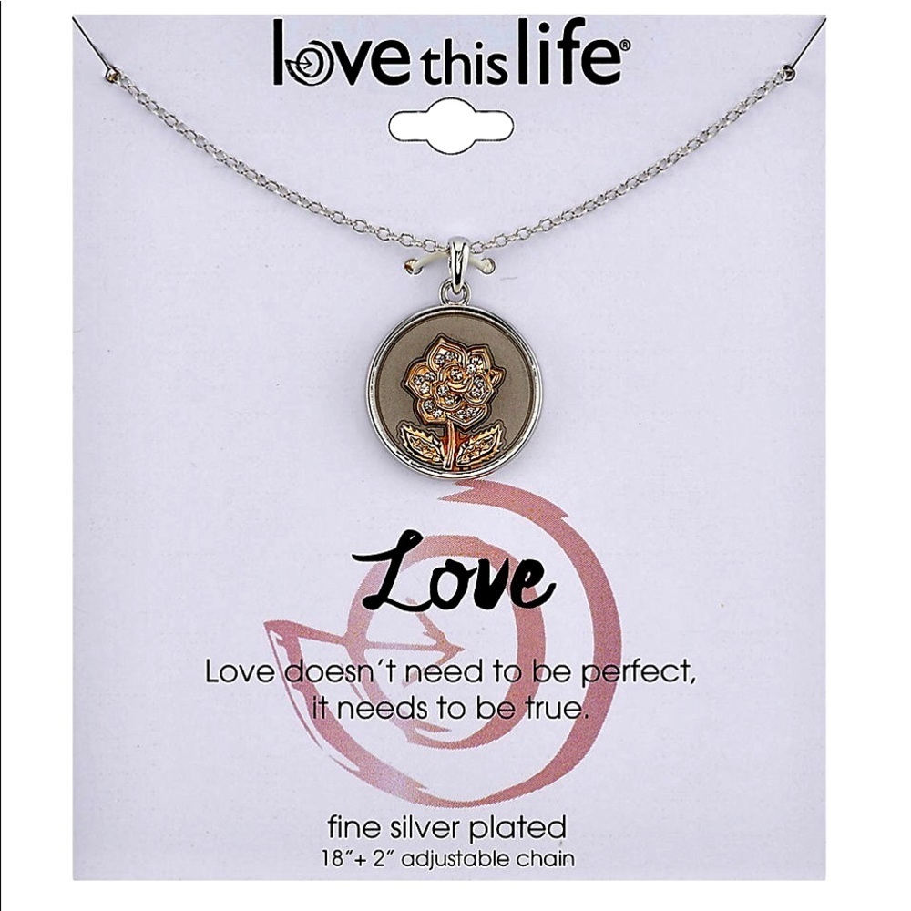 NWT Love this Life Two-Tone Flower Necklace Inscription on Back